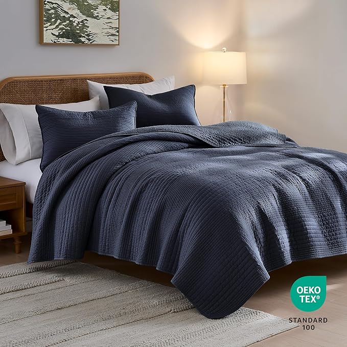 PALASSIO Striped Navy Blue 100% Cotton Quilt California Cal King Size Bedding Sets, Oversized Lightweight Channel Pick Stitch Textured Bedspread Soft Farmhouse Country Coverlet for All Season, 2 Shams