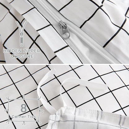 TOCOMOA Checkered Duvet Cover Set 100% Natural Cotton Soft Comfy Breathable 3 Piece White and Black Gingham Pattern Printed Comforter Cover Bedding Set (Queen 90"x90", Comforter Not Included)
