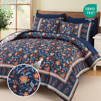Dinjoy Comforter Set King Size Boho, Reversible Navy Bedding Paisley Floral 7 Piece Bed in a Bag Soft Lightweight Bohemain Comforters with Sheet Sets for All Season