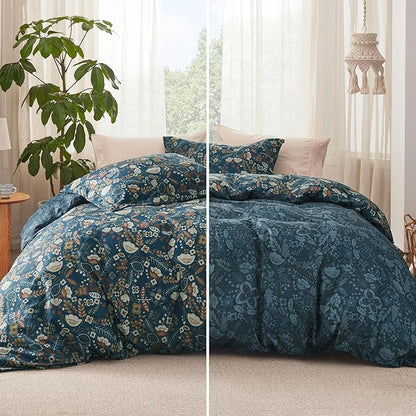 Bedsure Duvet Cover Queen Size - Reversible Floral Duvet Cover Set with Zipper Closure, 3 Pieces Navy Blue Bedding Set with 8 Corner Ties and 2 Pillow Shams 20"x26"