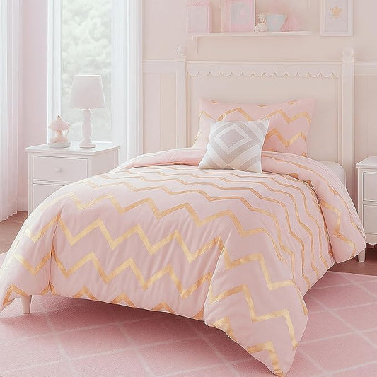 Codi Twin Comforter Set for Teen Girls, 3-Piece Pink and Gold Bedding, Warm and Lightweight for Dorm or Bedroom