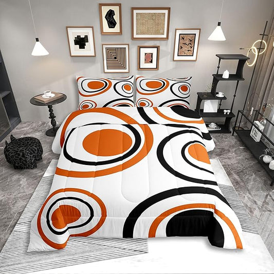 Erosebridal Orange Abstract Bedding Set Full Size Modern Geometric Circles Comforter Set for Adult Women Men Boho Art Aesthetic Striped Bed Sets Minimalist Black White Abstract Duvet Quilt Sets