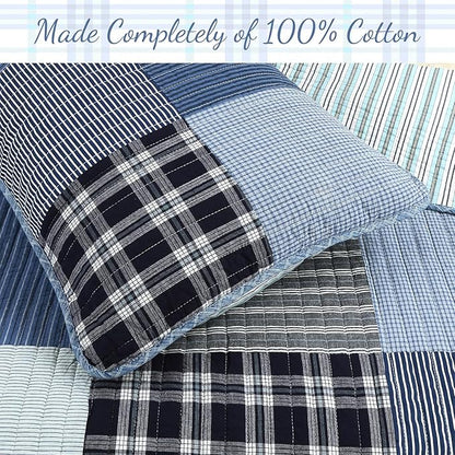 Cozy Line Home Fashions Plaid Patchwork Bedding Quilt Set, Navy Blue 100% Cotton Reversible Coverlet Bedspread for Kids Teen Boy (Craver, Twin - 2 Piece)