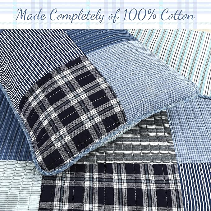 Cozy Line Home Fashions Plaid Patchwork Bedding Quilt Set, Navy Blue 100% Cotton Reversible Coverlet Bedspread for Kids Teen Boy (Craver, Queen - 3 Piece)