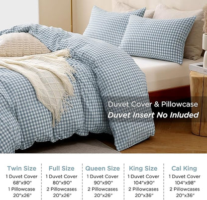 TOCOMOA Blue Gingham Duvet Cover Bedding Set 100% Washed Cotton Like Linen Feel Super Soft Comfortable 3 Piece Vintage Plaid Checkered Comforter Cover Set (Queen 90"x90", Comforter Not Included)