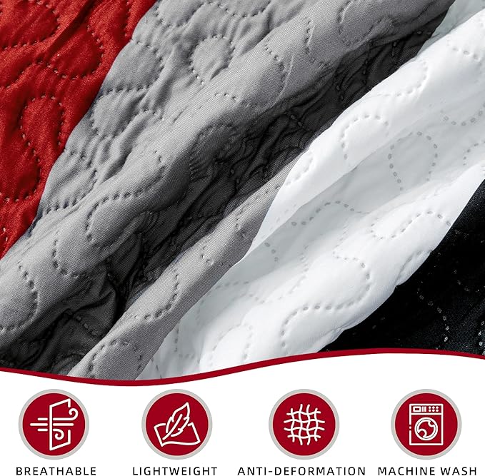 3 Piece Red Black Grey Quilt Set California King Size Red White Geometric Reversible Bedding Set Microfiber Lightweight Bedspread Coverlet with 2 Shams Bed Cover for All Season, 118''x106''