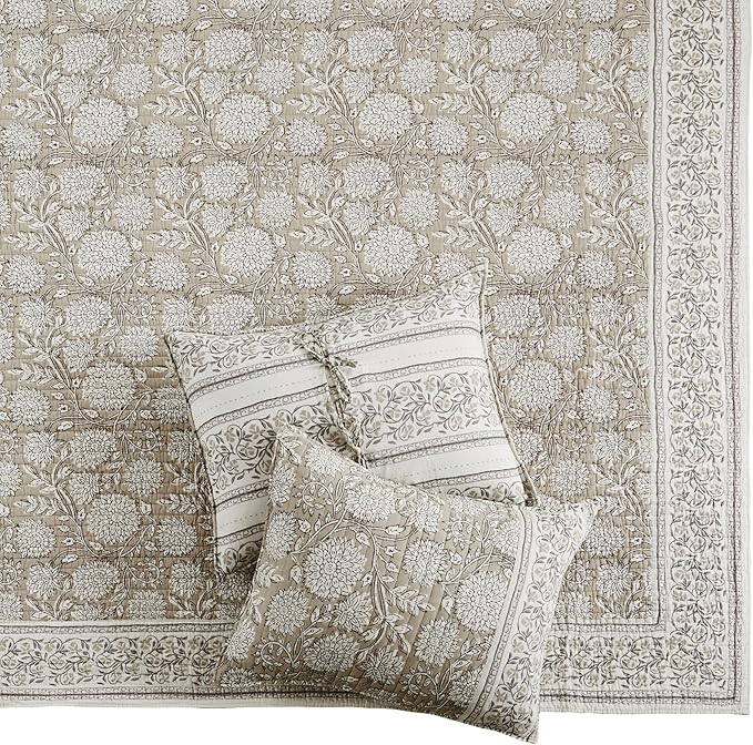 Levtex Home – Adare Taupe Bedspread Set – Full Bedspread (96x106in.) and 2 Standard Shams (20x26in.) – Floral Botanical Design – Taupe and White – Reversible – Cotton