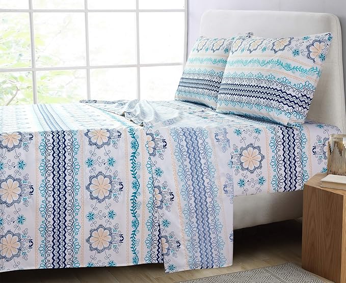 JSD Blue Boho Printed Sheet Set Queen Size, 4 Piece Soft Floral Microfiber Sheets Extra Deep Pocket