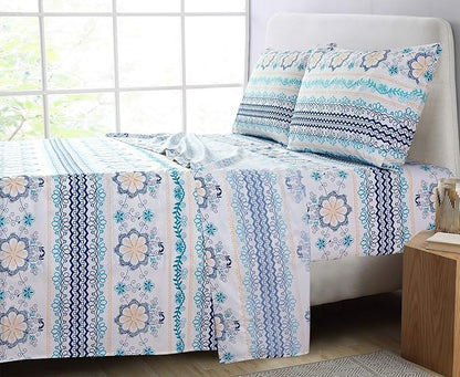 JSD Blue Boho Printed Sheet Set Queen Size, 4 Piece Soft Floral Microfiber Sheets Extra Deep Pocket
