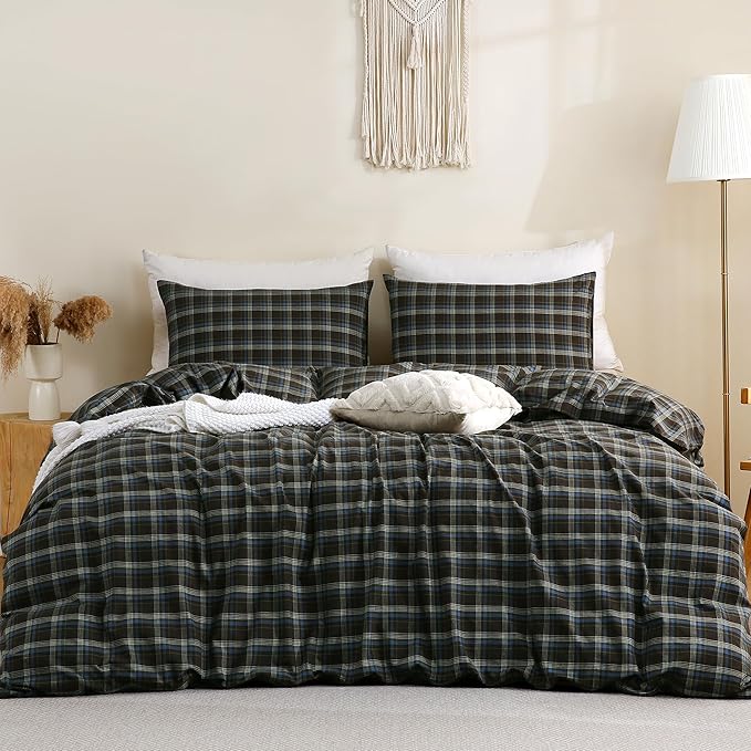 TOCOMOA Buffalo Plaid Duvet Cover Set 100% Washed Cotton Like Linen Feel Super Soft Comfy 3 Piece Brown Blue Gingham Checkered Bedding Comforter Cover Set (Full 90"x90", Comforter Not Included)