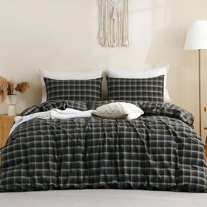 TOCOMOA Buffalo Plaid Duvet Cover Set 100% Washed Cotton Like Linen Feel Super Soft Comfy 3 Piece Brown Blue Gingham Checkered Bedding Comforter Cover Set (Queen 90"x90", Comforter Not Included)