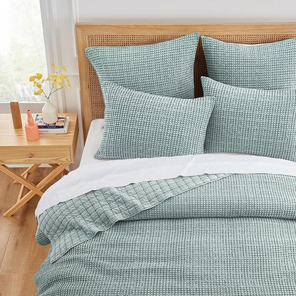 Levtex Home Mills Waffle Full/Queen Quilt Set (88x92in) with 2 Pillow Shams (26x20in) - Spa - Cotton Waffle Full/Queen Size Quilt Bedding Set - Lightweight, Soft, Pre-Washed