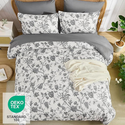 Luxudecor Floral Comforter Set Queen Size 7 Pieces, Dark Grey Flower with Bird Bed in a Bag, Soft Reversible Comforter with Sheet Bed Set 90"x90"