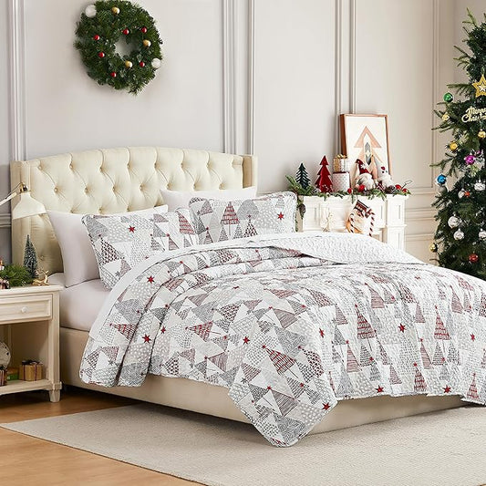 Southshore Fine Living, Inc. California/King Christmas Quilt Set with 2 Pillow Shams, Reversible Coverlet, Holiday Bedding Christmas Tree Design - Red, White & Silver