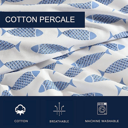 Nautica - Queen Sheets, Cotton Percale Bedding Set, Crisp & Cool, Coastal Home Decor (Woodblock Fish Blue, Queen)