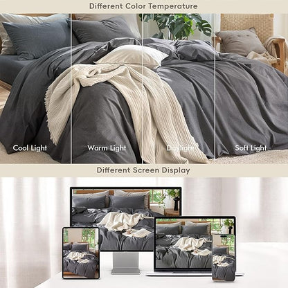 MooMee Bedding Duvet Cover Set 100% Washed Cotton Linen Like Textured Breathable Durable Soft Comfy (Heathered Dark Grey, Super King Plus 120"x120")