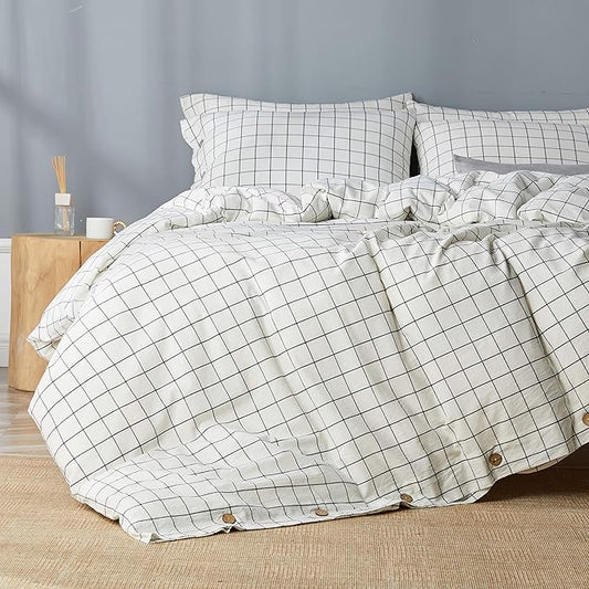 JELLYMONI Cotton Duvet Cover King Size - White Grid Plaid Comforter Cover with Button 100% Washed Cotton 3PCS Breathable Soft Bedding Set Duvet Cover 104×90in & 2 Pillowcases (NO Comforter)