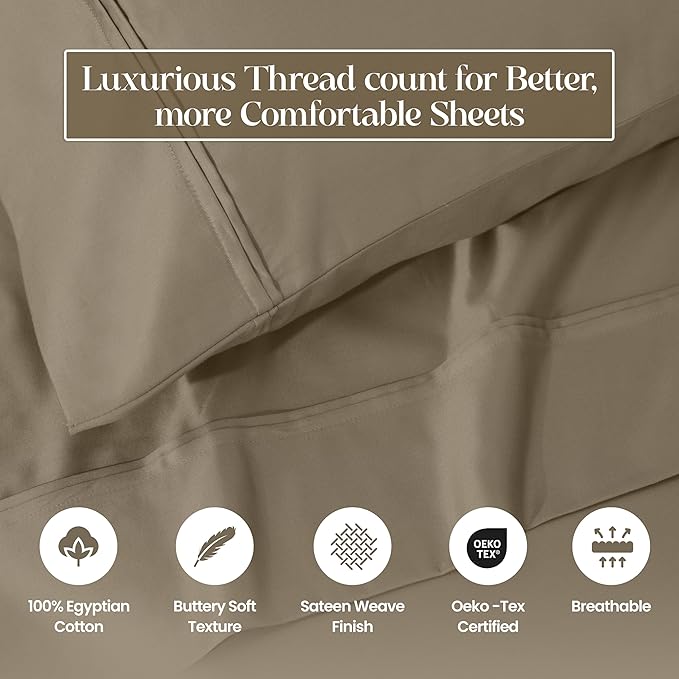 1200 Thread Count 100% Egyptian Cotton, Soft and Breathable, 2-Piece Standard Pillowcase Set Solid, Taupe