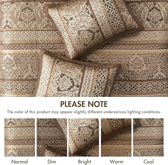 Madison Park Bellagio Reversible Quilted Bedspread Set, Solid Reverse Summer Breathable, Lightweight All Season Bedding Layer, Matching Shams, Bedspread Queen(102"x118"), Brown 5 Piece