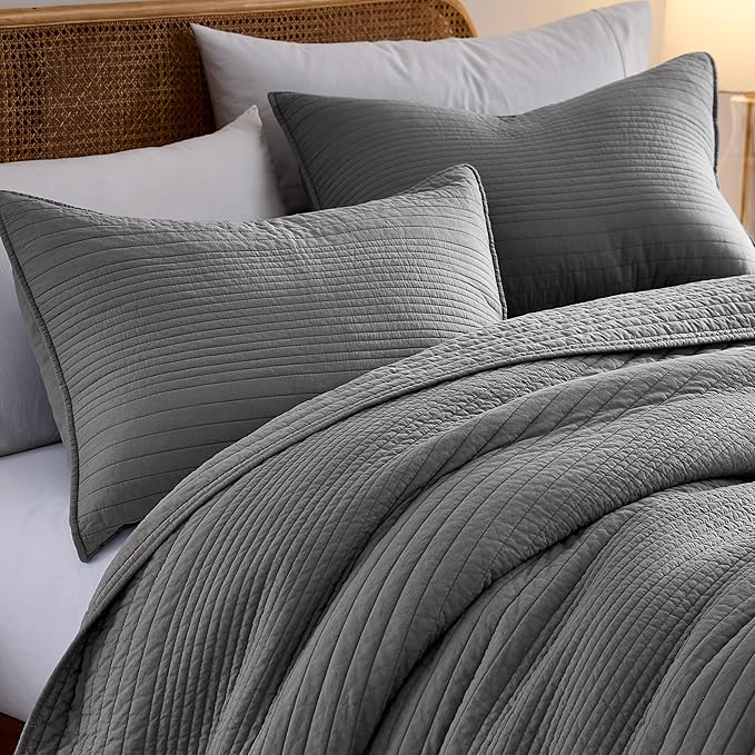 PALASSIO Striped Dark Grey 100% Cotton Quilt California Cal King Size Bedding Sets, Oversized Lightweight Channel Pick Stitch Textured Bedspread Soft Farmhouse Country Coverlet for All Season, 2 Shams