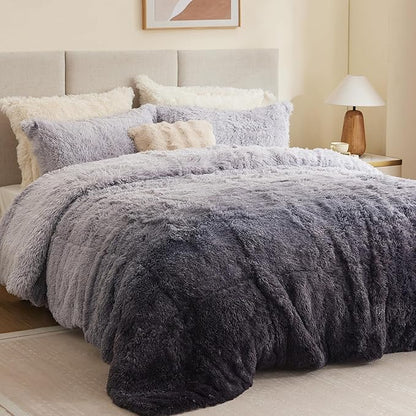 Intelligent Design Brielle, Long Shaggy Faux Fur Comforter Set, Plush Reverse, Trendy Ombre Design, Modern, Cozy All Season Bedding, Matching Sham, Twin/Twin XL(66"x90") Grey 2 Piece