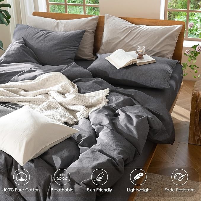 MooMee Bedding Duvet Cover Set 100% Washed Cotton Linen Like Textured Breathable Durable Soft Comfy (Heathered Dark Grey, Super King Plus 120"x120")