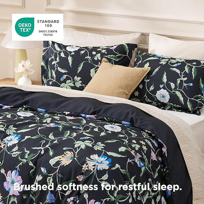 Bedsure Duvet Cover Queen Size - Reversible Black Vine Flowers Duvet Cover Set with Zipper Closure, 3 Pieces Black Bedding Set with 8 Corner Ties and 2 Pillow Shams 20"x26"