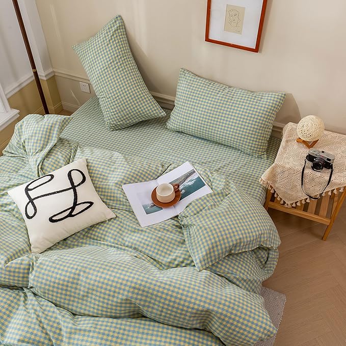 EAVD Mini Blue Yellow Plaid Duvet Cover Queen Soft Cotton Reversible Grid Plaid Bedding Set with 2 Pillowcases Modern Style Geometric Grid Plaid Pattern Duvet Cover with Zipper Closure