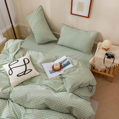 EAVD Mini Blue Yellow Plaid Duvet Cover Queen Soft Cotton Reversible Grid Plaid Bedding Set with 2 Pillowcases Modern Style Geometric Grid Plaid Pattern Duvet Cover with Zipper Closure