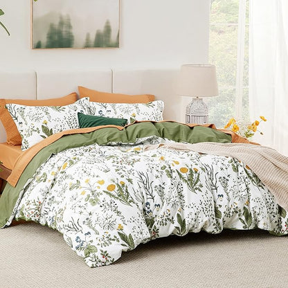 Bedsure Duvet Cover Queen Size - 100% Cotton Reversible Floral Queen Duvet Cover Set with Zipper Closure, 3 Pieces Soft & Breathable PureWoven Green Bedding Set with 2 Pillow Shams 20"x26"