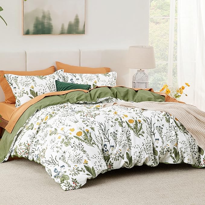 Bedsure Duvet Cover Full Size - 100% Cotton Reversible Floral Full Duvet Cover Set with Zipper Closure, 3 Pieces Soft & Breathable PureWoven Green Bedding Set with 2 Pillow Shams 20"x26"