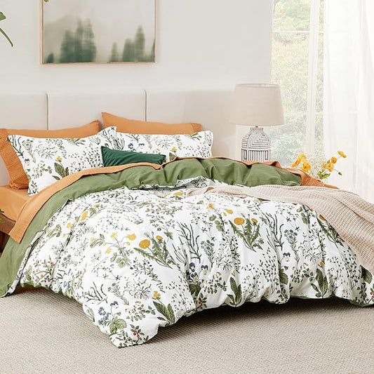 Bedsure Duvet Cover Full Size - 100% Cotton Reversible Floral Full Duvet Cover Set with Zipper Closure, 3 Pieces Soft & Breathable PureWoven Green Bedding Set with 2 Pillow Shams 20"x26"