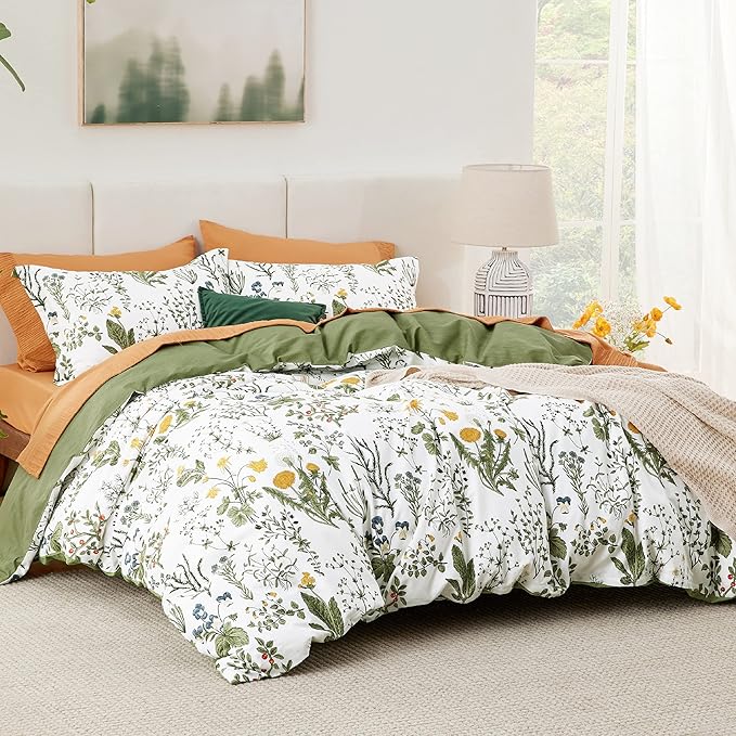 Bedsure Duvet Cover Twin Size - 100% Cotton Reversible Floral Twin Duvet Cover Set with Zipper Closure, 2 Pieces Soft & Breathable PureWoven Bedding Set with 1 Pillow Sham 20"x26"