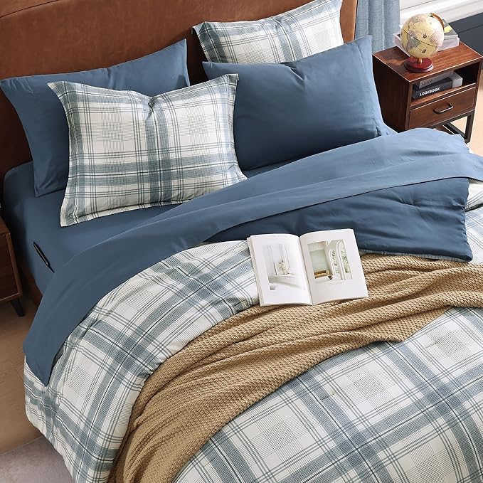 MaiRêve Plaid Full Comforter Sets, Blue Grey Grid Farmhouse Bedding Set Bed in A Bag, Classic Checkered Comforter Sets with Fitted & Flat Sheet, Pillowcases & Shams(Blue Grey, 80"x90")