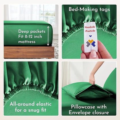 California Design Den Twin XL Bed Sheets Set - Natural 100% Cotton Sheets with 12" Pockets, Soft Sateen Weave, Breathable and Durable Bedding Set for Dorm Rooms, College (Emerald Green)