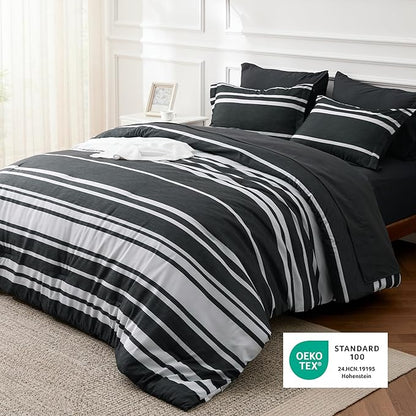 Bedsure Twin XL Comforter Set 5 Pieces, Black Striped Bedding Set for All Seasons, Reversible, Cationic Dyeing Bed in a Bag with Comforter, Sheets, Pillowcase & Sham