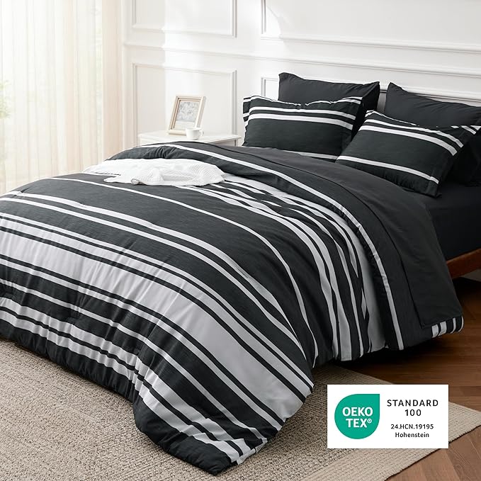 Bedsure King Comforter Set 7 Pieces, Black Striped Bedding Set for All Seasons, Reversible, Cationic Dyeing Bed in a Bag with Comforter, Sheets, Pillowcases & Shams