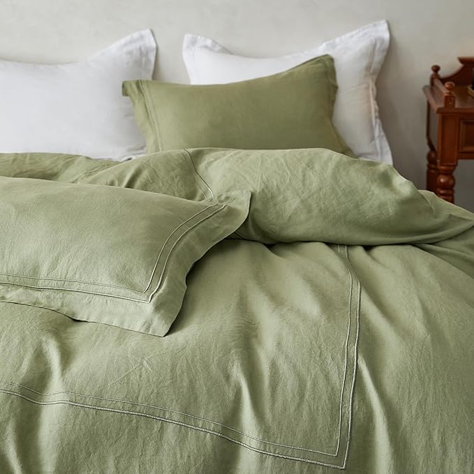 Simple&Opulence 100% Washed Linen Duvet Cover Set 104"x92" - 3 Pieces Soft Farmhouse Comforter Set Double Embroidered with Button Closure - 1 Duvet Cover and 2 Pillowshams (Sage Green, King)