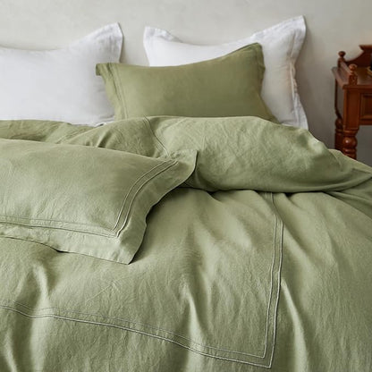 Simple&Opulence 100% Washed Linen Duvet Cover Set 104"x92" - 3 Pieces Soft Farmhouse Comforter Set Double Embroidered with Button Closure - 1 Duvet Cover and 2 Pillowshams (Sage Green, King)