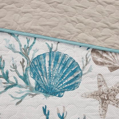 Madison Park Quilt Set Cottage Coastal Design, Starfish Print - All Season Lightweight Coverlet Bedding Layer, Shams, Toss Pillows, Pebble Beach, Aqua, Full/Queen(90 in x 90 in) 6 Piece