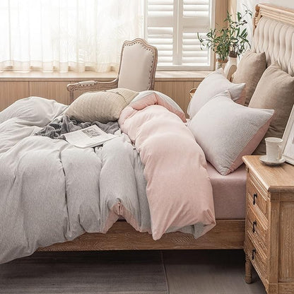 PURE ERA Jersey Knit Duvet Cover Set 100% T-Shirt Heather Cotton Super Soft Comfy Classic Striped Design, with Zipper Closure, Grey Light Pink Pinstripe, Queen