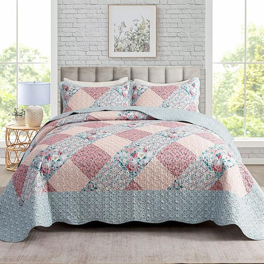 Travan 3-Piece Bedspread Quilt Set Lightweight Coverlet Set Garden Style Floral Printed Oversized Quilted Bedding Set with Shams for All Season, Exquisite, Queen Size