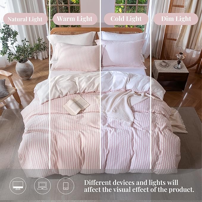 MILDLY Pink Striped Duvet Cover - 100% Washed Cotton Jacquard Boho Textured Comforter Cover 2pcs with Corner Ties Zipper Closure 68"x90"
