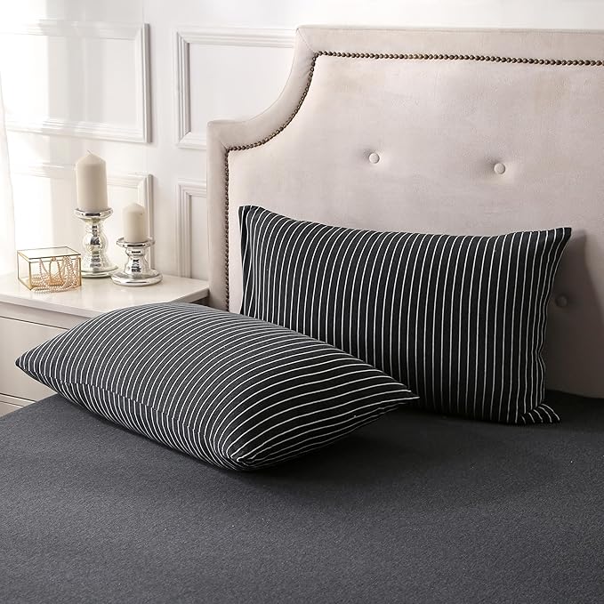 PURE ERA Jersey Knit Duvet Cover Set 100% T-Shirt Heather Cotton Super Soft Comfy Classic Striped Design, with Zipper Closure, Heather Black & White Pinstripe, Queen