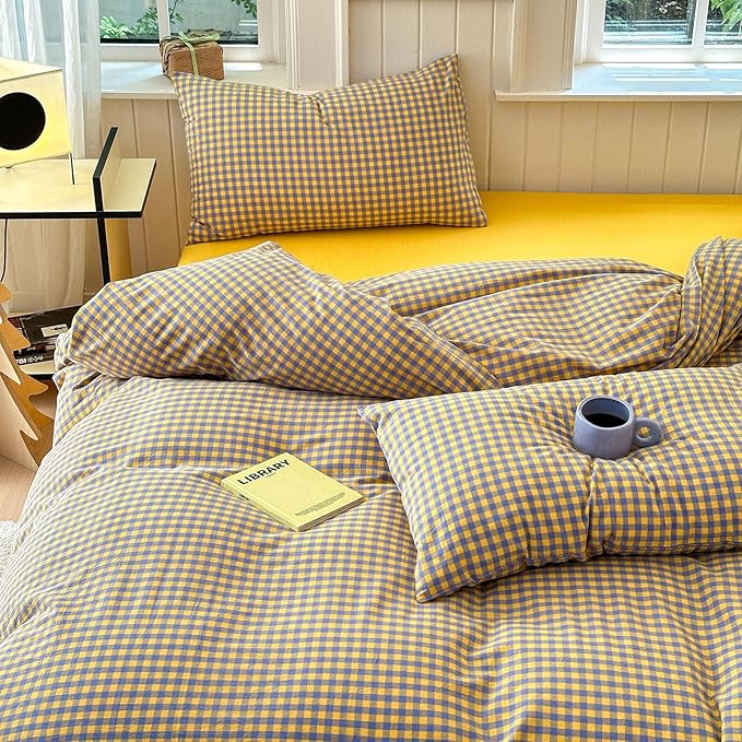 LifeTB Gingham Comforter Set Full Modern Style Purple Yellow Grid Plaid Comforter Set Soft Fluffy Checkered Pattern Comforter with 2 Pillowcases Farmhouse Gingham Grid Bedding Comforter Breathable