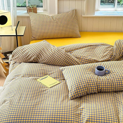 LifeTB Gingham Comforter Set Full Modern Style Purple Yellow Grid Plaid Comforter Set Soft Fluffy Checkered Pattern Comforter with 2 Pillowcases Farmhouse Gingham Grid Bedding Comforter Breathable