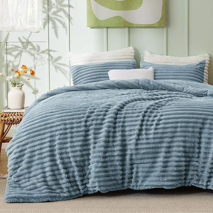 Bedsure King Comforter - GentleSoft™ 3 Pieces Double-Side Fleece Fluffy Mineral Blue Comforter Set, Cozy Striped Room Decor Aesthetic, Luxury King Size Bedding with 2 Pillowcases, 104x90 Inches