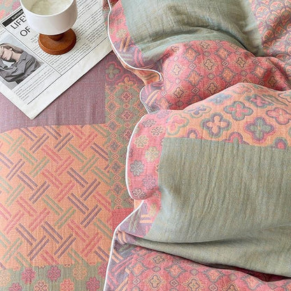 mixinni 100% Cotton Double Layer Yarn Duvet Cover Set, Vintage Patchwork Floral Jacquard Textured Comforter Cover, Reversible Boho Bedding Set with Pillowcases for All Season-King Size