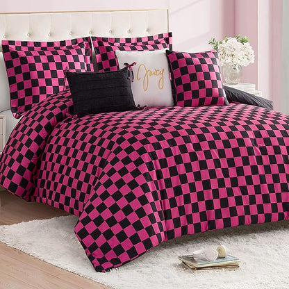 Juicy Couture Reversible Checkerboard Comforter Set 5-Piece Twin/Twin XL Set, Black/Hot Pink