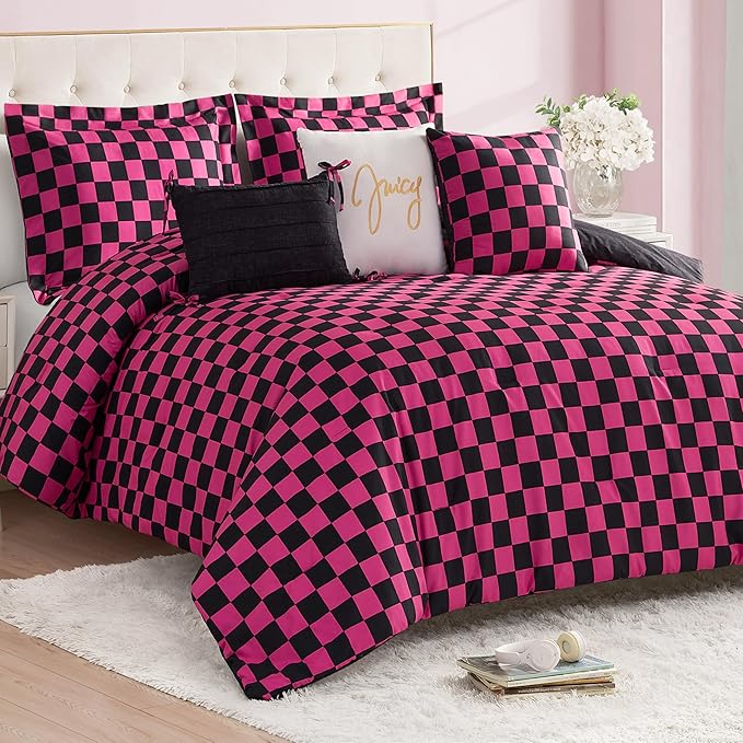 Juicy Couture Reversible Checkerboard Comforter Set 6-Piece Full/Queen Set, Black/Hot Pink